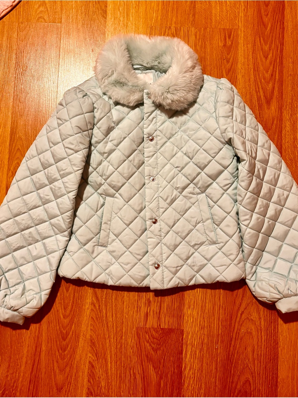 Janie and Jack Quilted Puffer Jacket with Faux Fur Collar - Pale Mint size 10-12